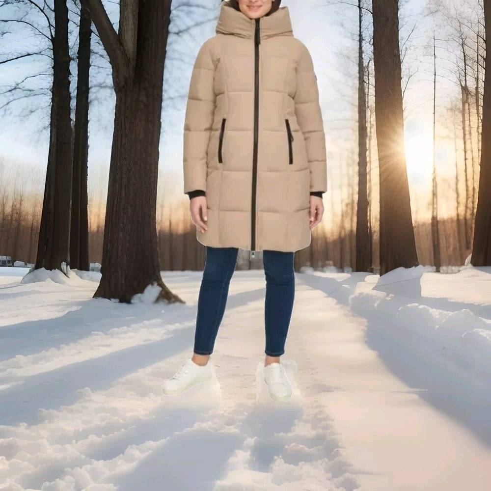 Womens Calvin Klein Quilted Puffer Coat Beige Full‎ Zip Hooded Winter Outerwear